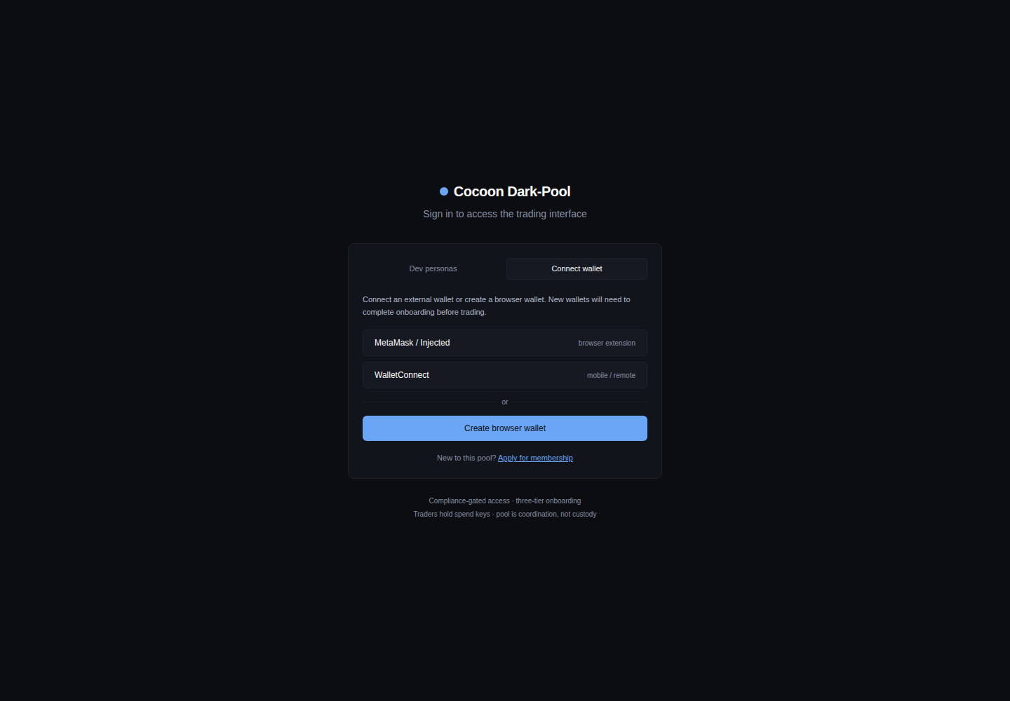 Dark-pool login screen with the Connect wallet tab selected