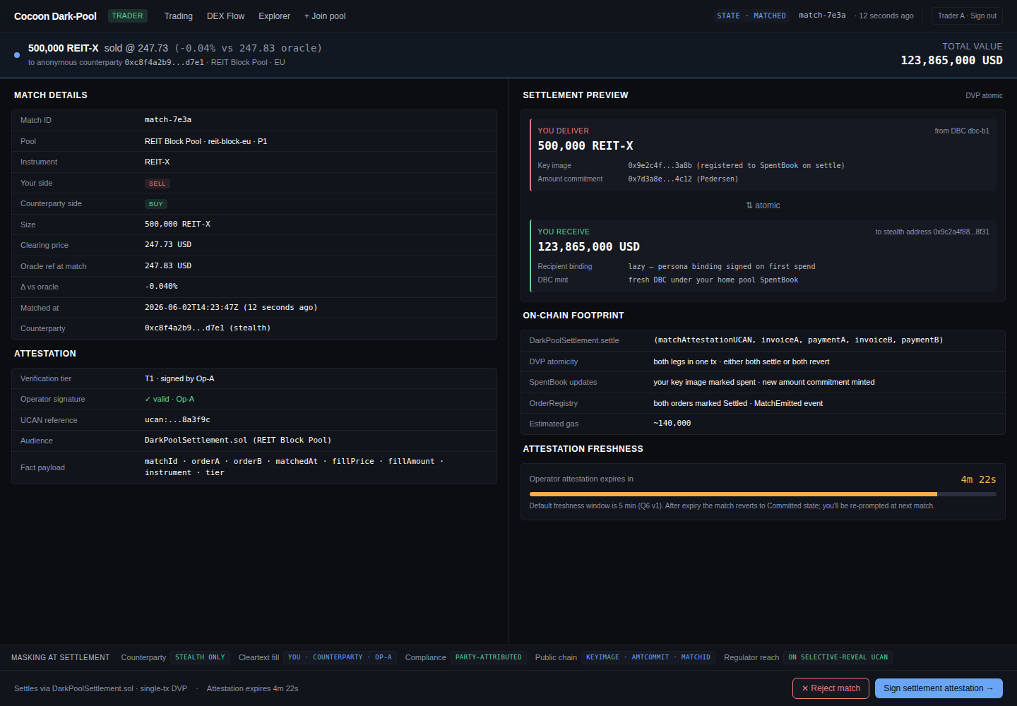 Match detail — match details, settlement preview, attestation, on-chain footprint, and attestation freshness