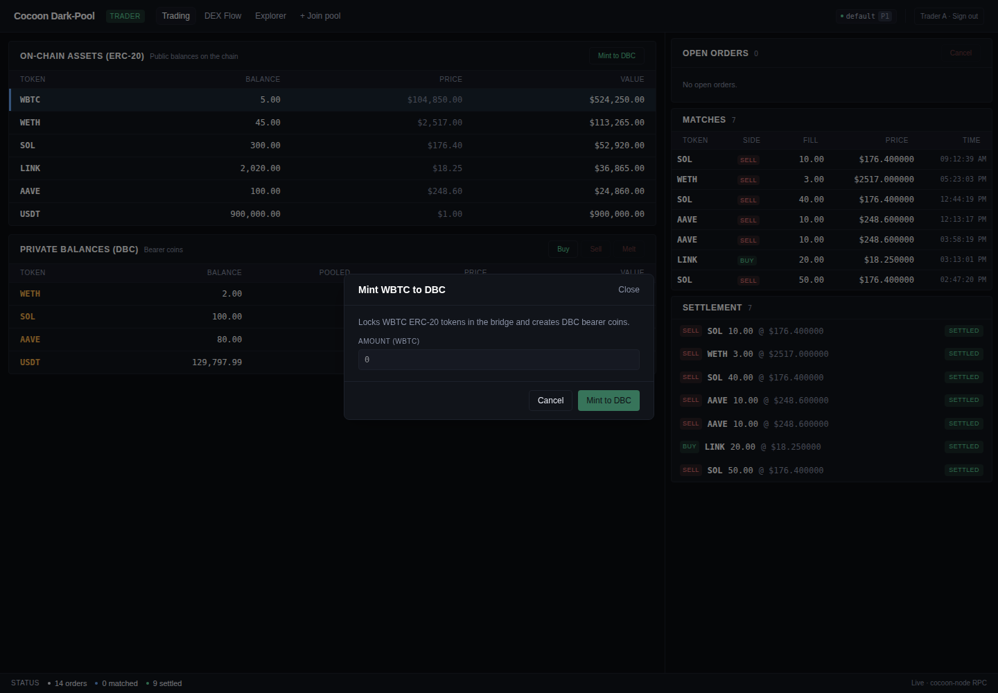 Mint to DBC modal — locks WBTC ERC-20 in the bridge and creates DBC bearer coins