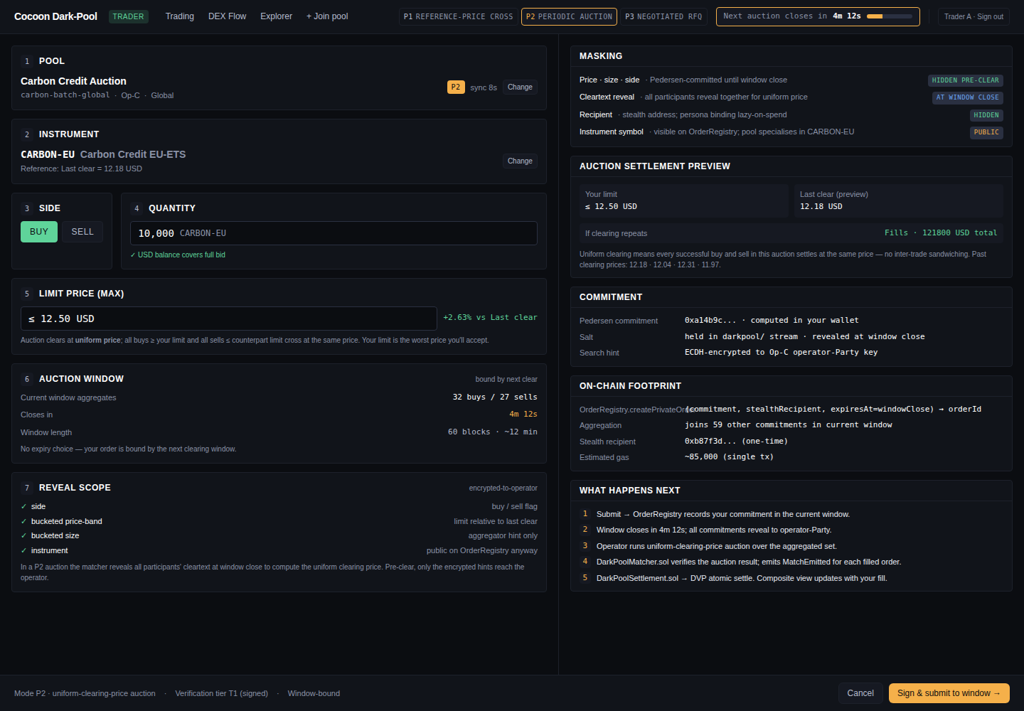 P2 order form — quantity, limit price, and an auction-window countdown